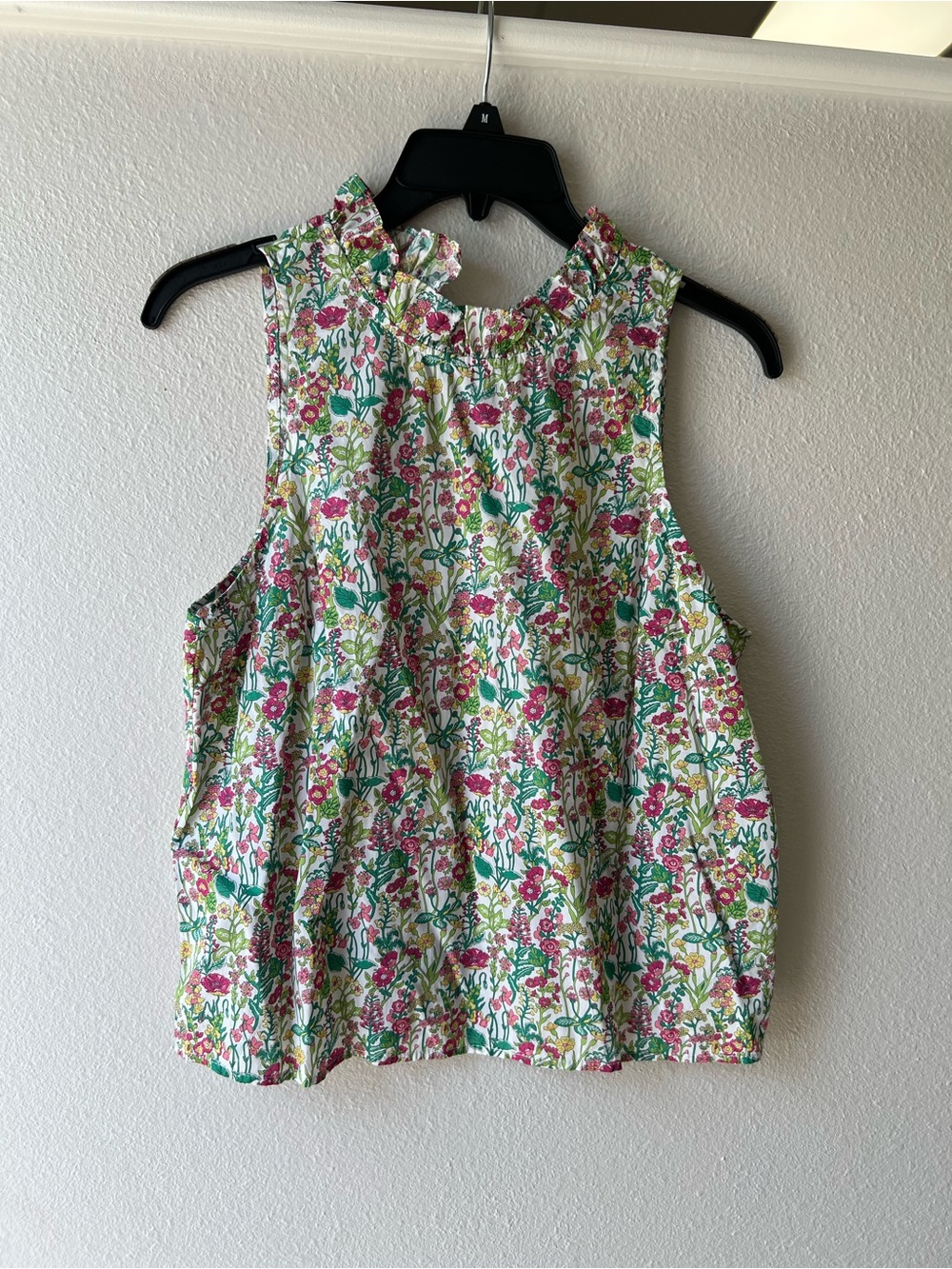 J Crew Sleeveless Floral Ruffle Neck Top - Pink & Green